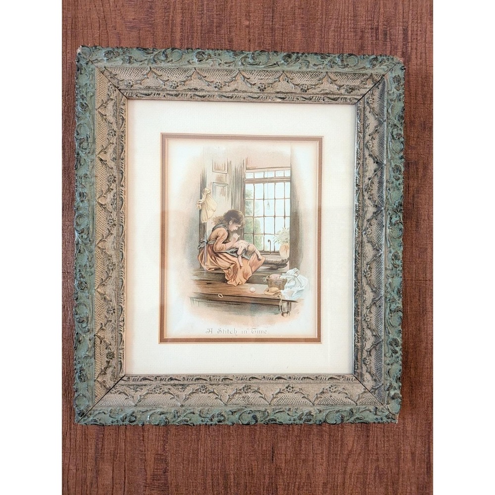 Antique "A Stitch in Time" Print in Original Antique Gesso Frame w/ Bubble Glass